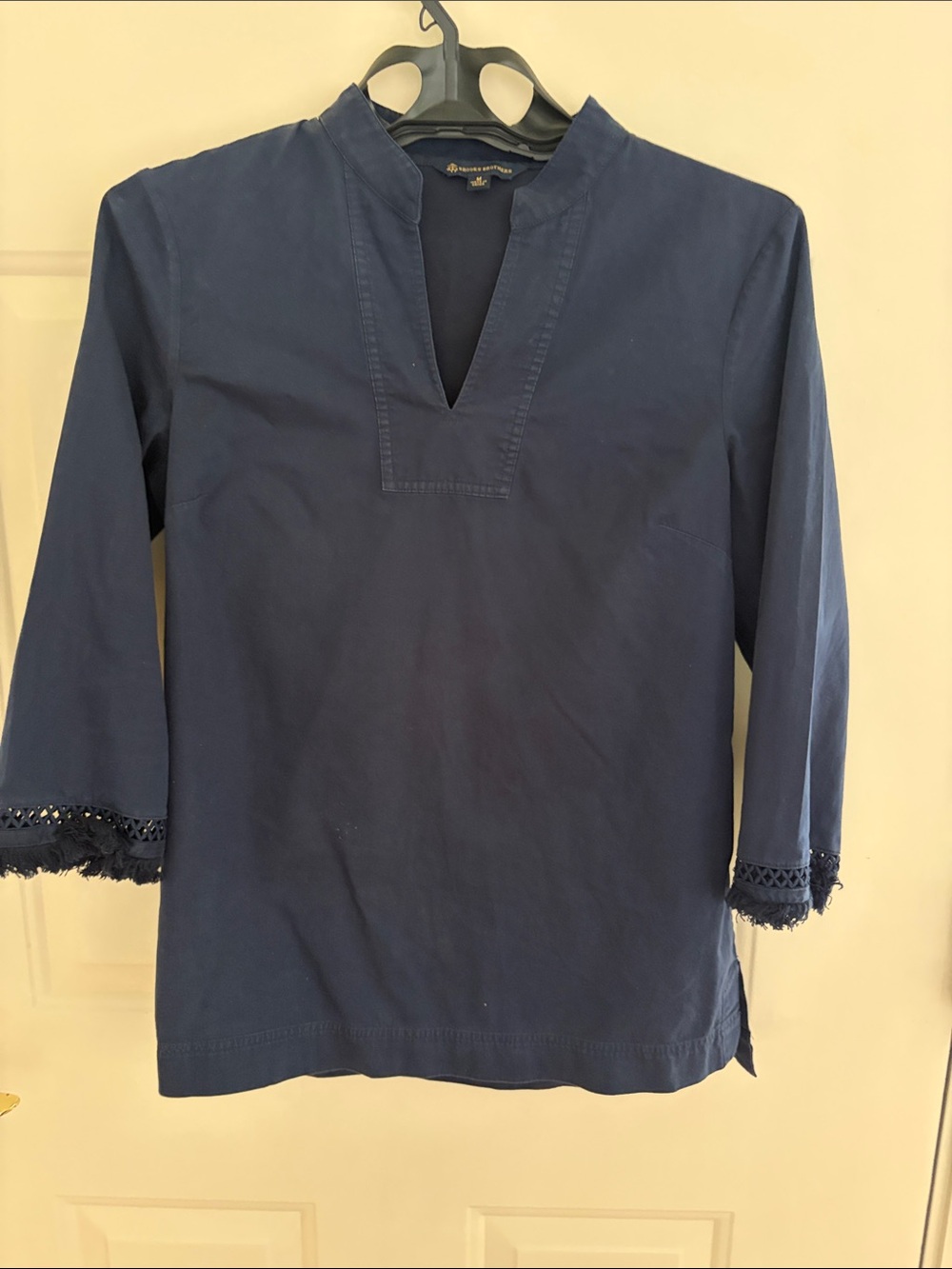 Nautica Navy Split V-Neck Tunic with Crochet Sleeve Trim
